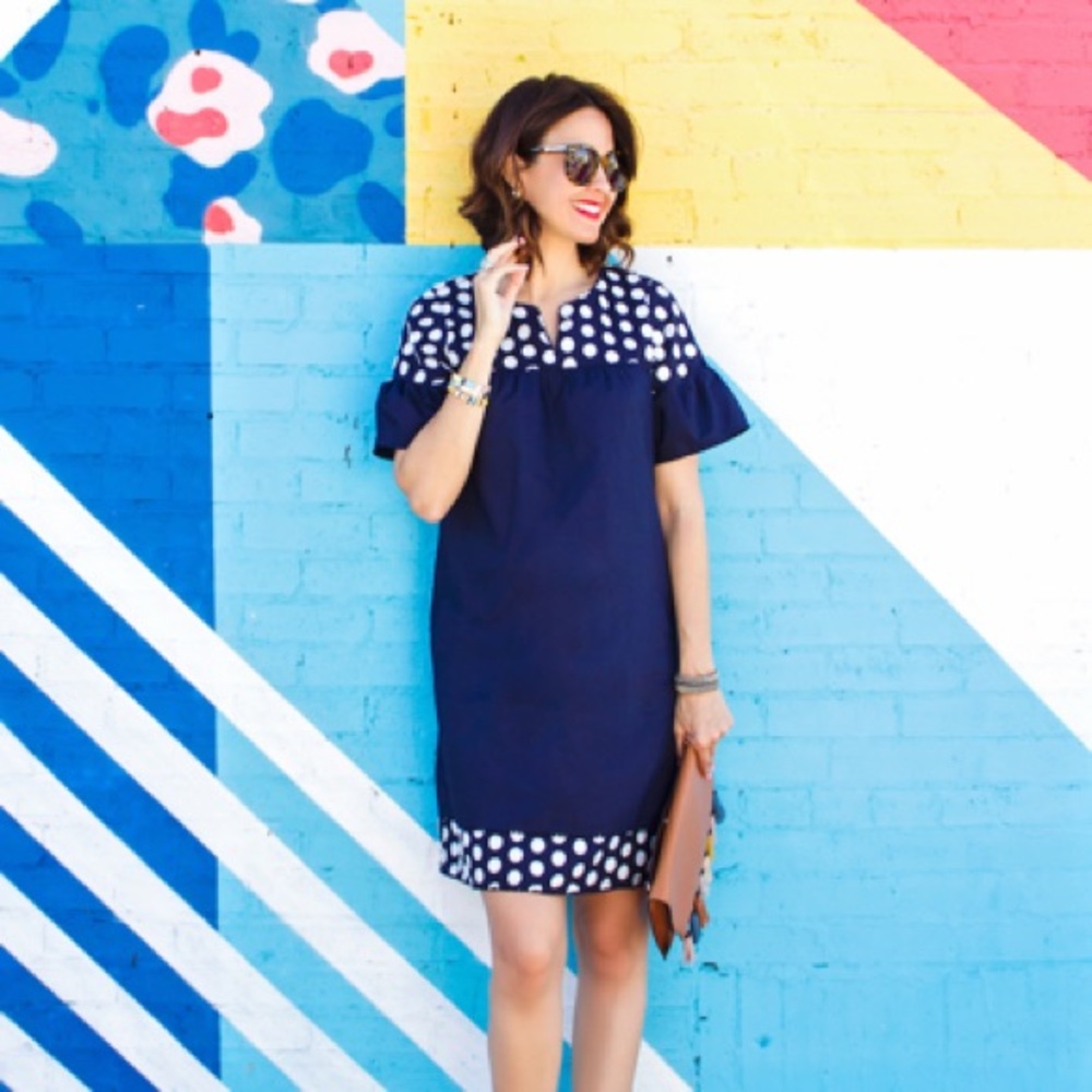 J Crew Bell Sleeve Fringe Dot Navy White Dress 12